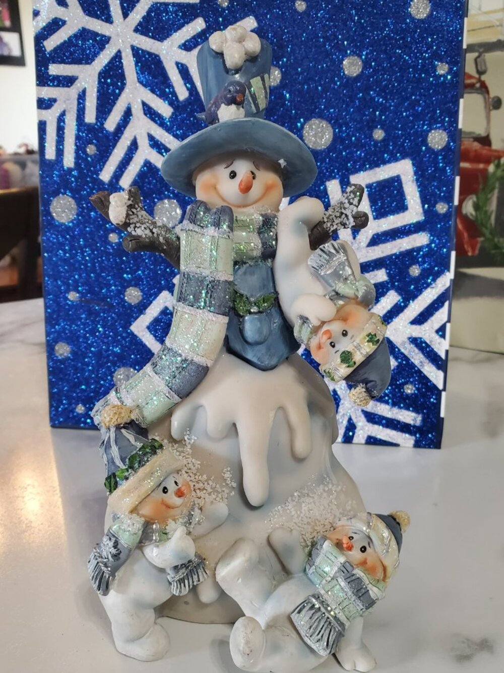Blue Snowman Family Figurine VINTAGE